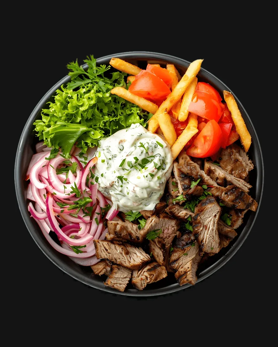 En GyrosBowl från Löv It Food Truck: pommes, gyroskött, tomat, gurka, rödlök och dressing